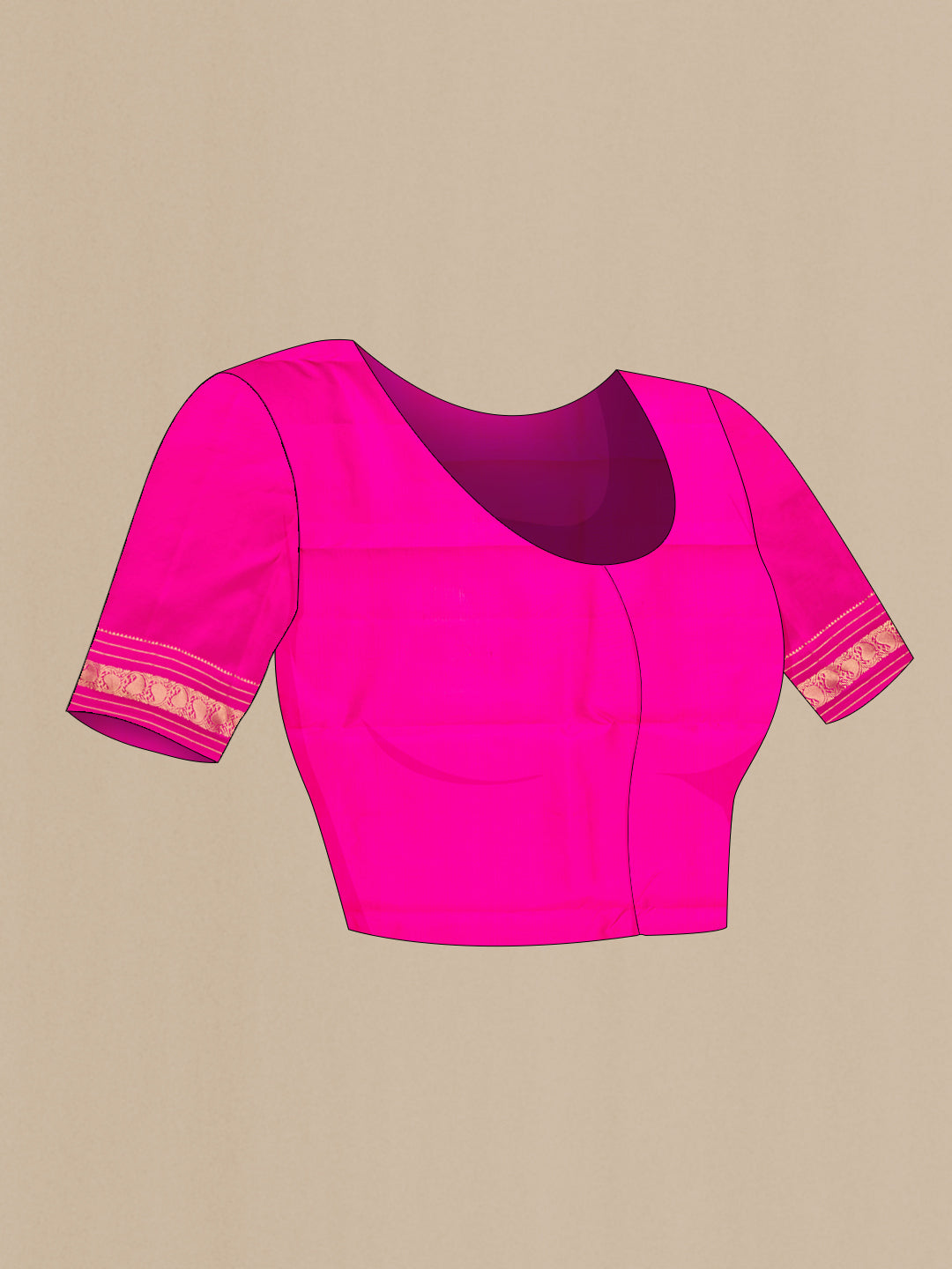 Close up image of the blouse of Purple Kanchipuram Silk Saree with Zari Butta on the body and Zari Border. 