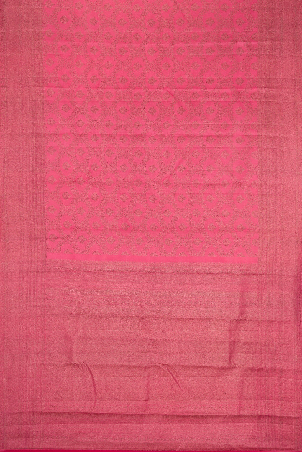 Flat view of Pink Dual Tone Kanjivaram Silk Saree with Jacquard design on the body and Fancy Border. 