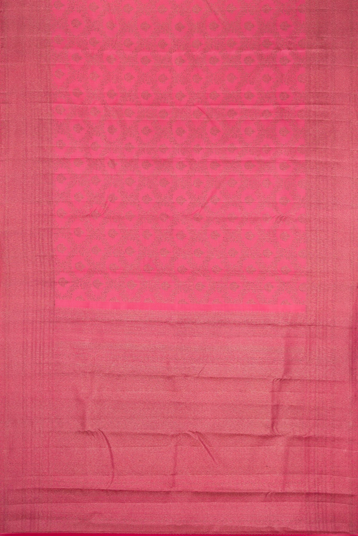 Flat view of Pink Dual Tone Kanjivaram Silk Saree with Jacquard design on the body and Fancy Border. 