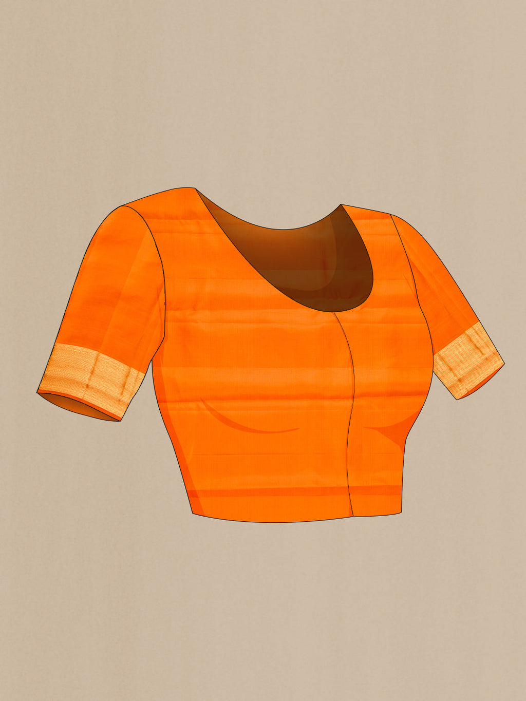Close up image of the blouse of Orange Dual Tone Kanjivaram Silk Saree with Zari Butta on the body and Fancy Border. 