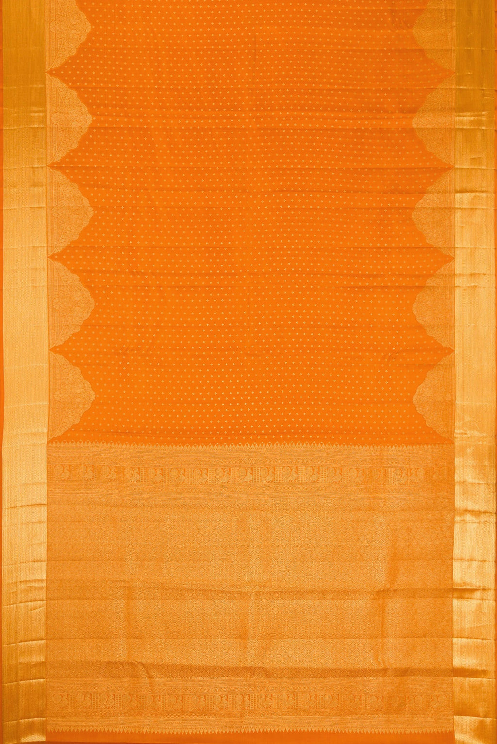 Flat view of Orange Dual Tone Kanjivaram Silk Saree with Zari Butta on the body and Fancy Border. 