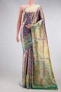 Royal Blue Dual Tone Kanjivaram Tissue Silk Saree with Zari Brocade on the body and Zari Border.  displayed on a mannequin