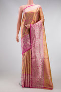 Pink Dual Tone Kanjivaram Tissue Silk Saree with Zari Brocade on the body and Zari Border.  displayed on a mannequin