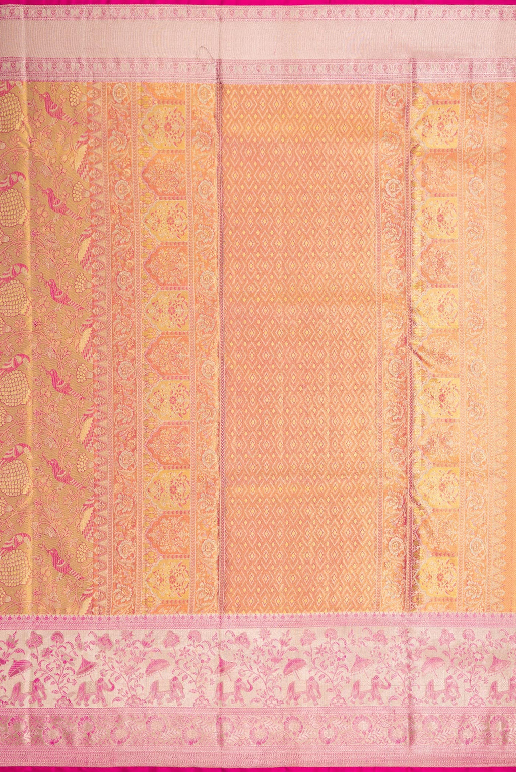 Close up image of the pallu of Pink Dual Tone Kanjivaram Tissue Silk Saree with Zari Brocade on the body and Zari Border. 