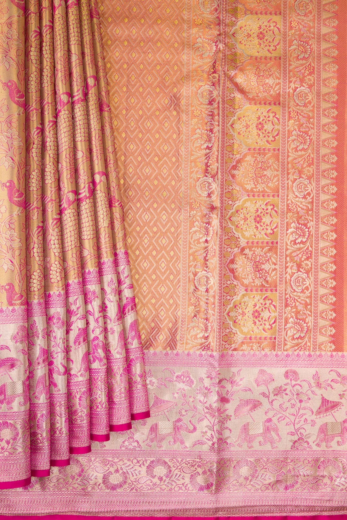 Pleats and pallu of Pink Dual Tone Kanjivaram Tissue Silk Saree with Zari Brocade on the body and Zari Border. 