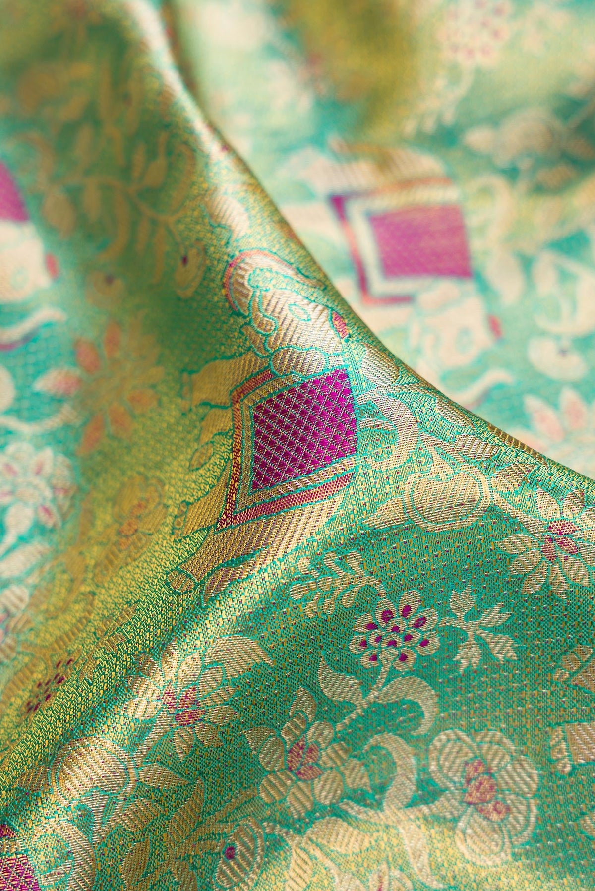 Close up of Sea Green Dual Tone Kanjivaram Tissue Silk Saree with Zari Brocade on the body and Zari Border.  displaying folds