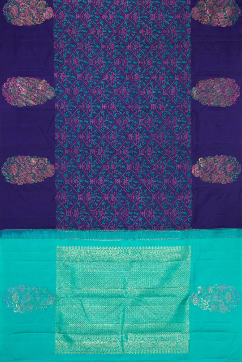 Flat view of Navy Blue Kanchipuram Silk Saree with Jacquard design on the body and Fancy Border. 