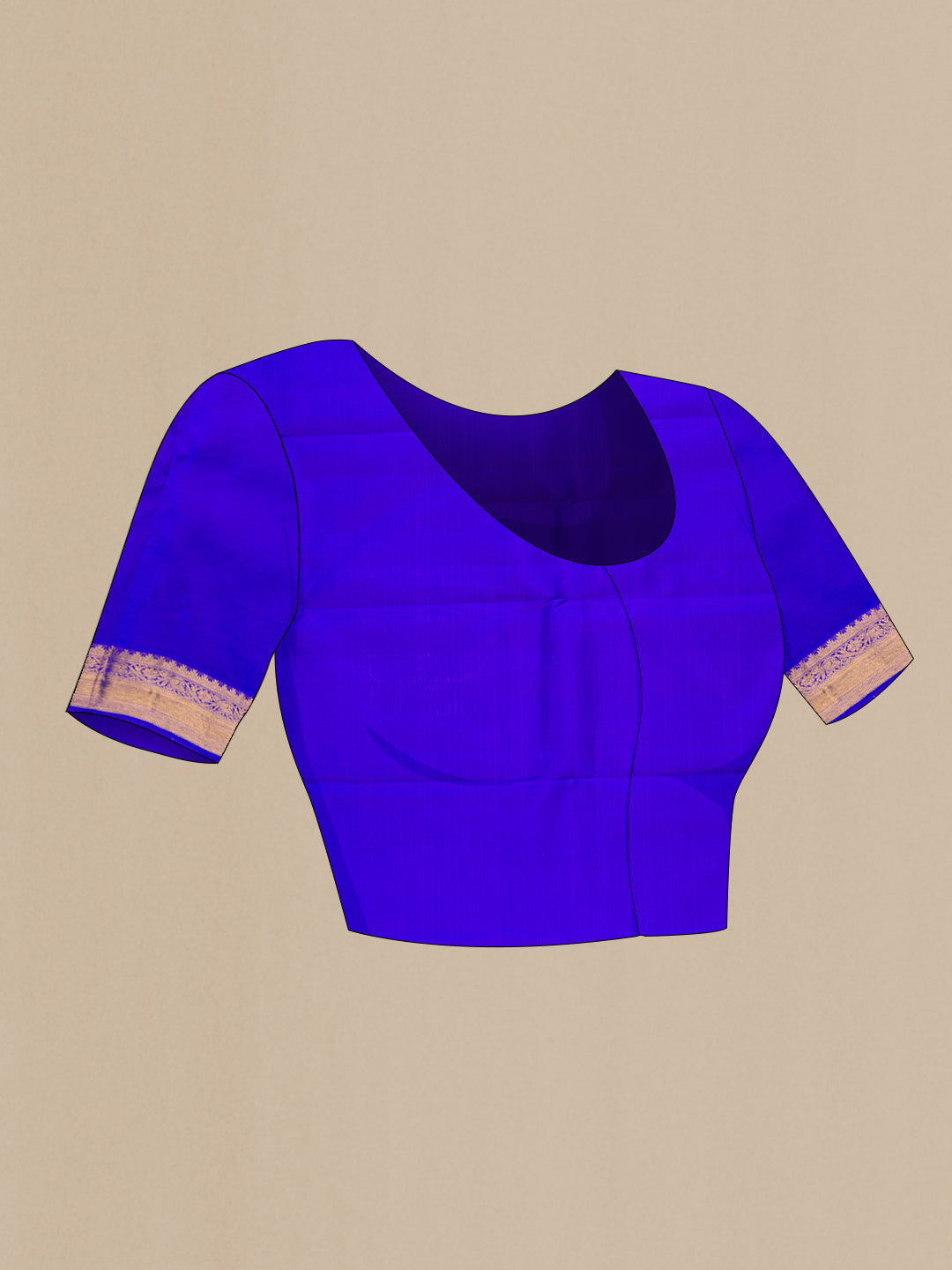 Close up image of the blouse of Pure Silk Pure Zari Royal Blue Dual Tone Kanjivaram Saree with Zari Butta on the body and Zari Border. 