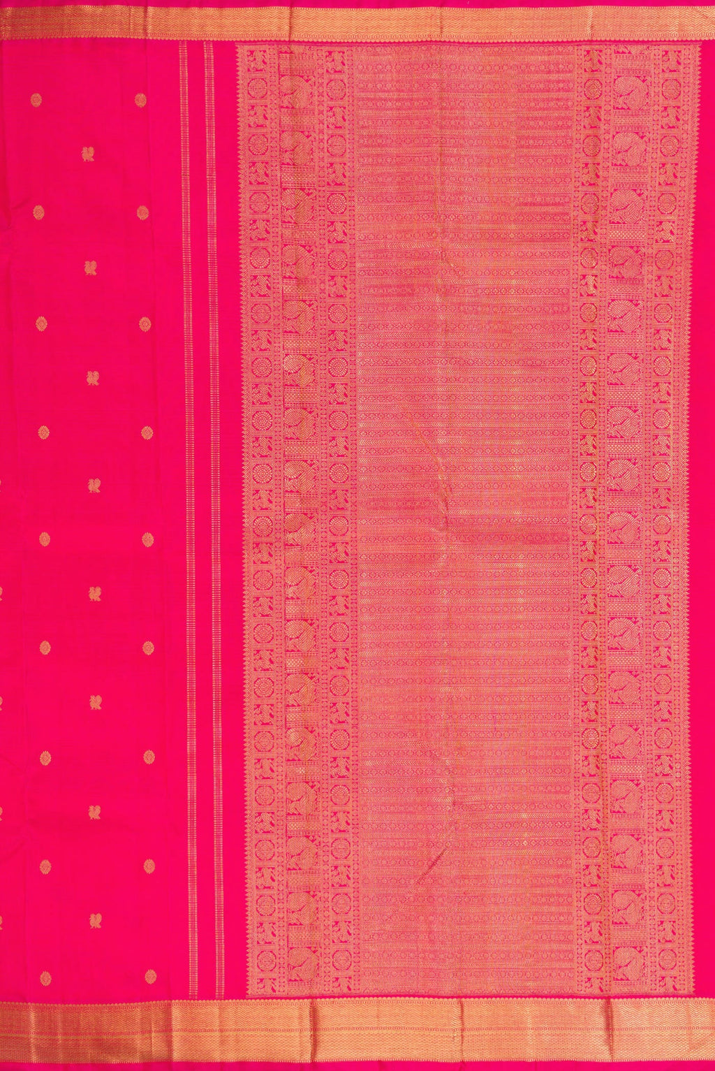 Close up image of the pallu of Pure Silk Pure Zari Pink Kanchipuram Saree with Zari Butta on the body and Zari Border. 