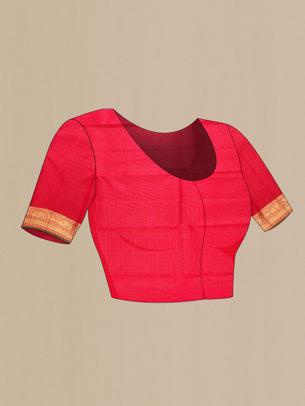 Close up image of the blouse of Pure Silk Pure Zari Dark Pink Dual Tone Kanjivaram Saree with Checked design on the body and Zari Border. 