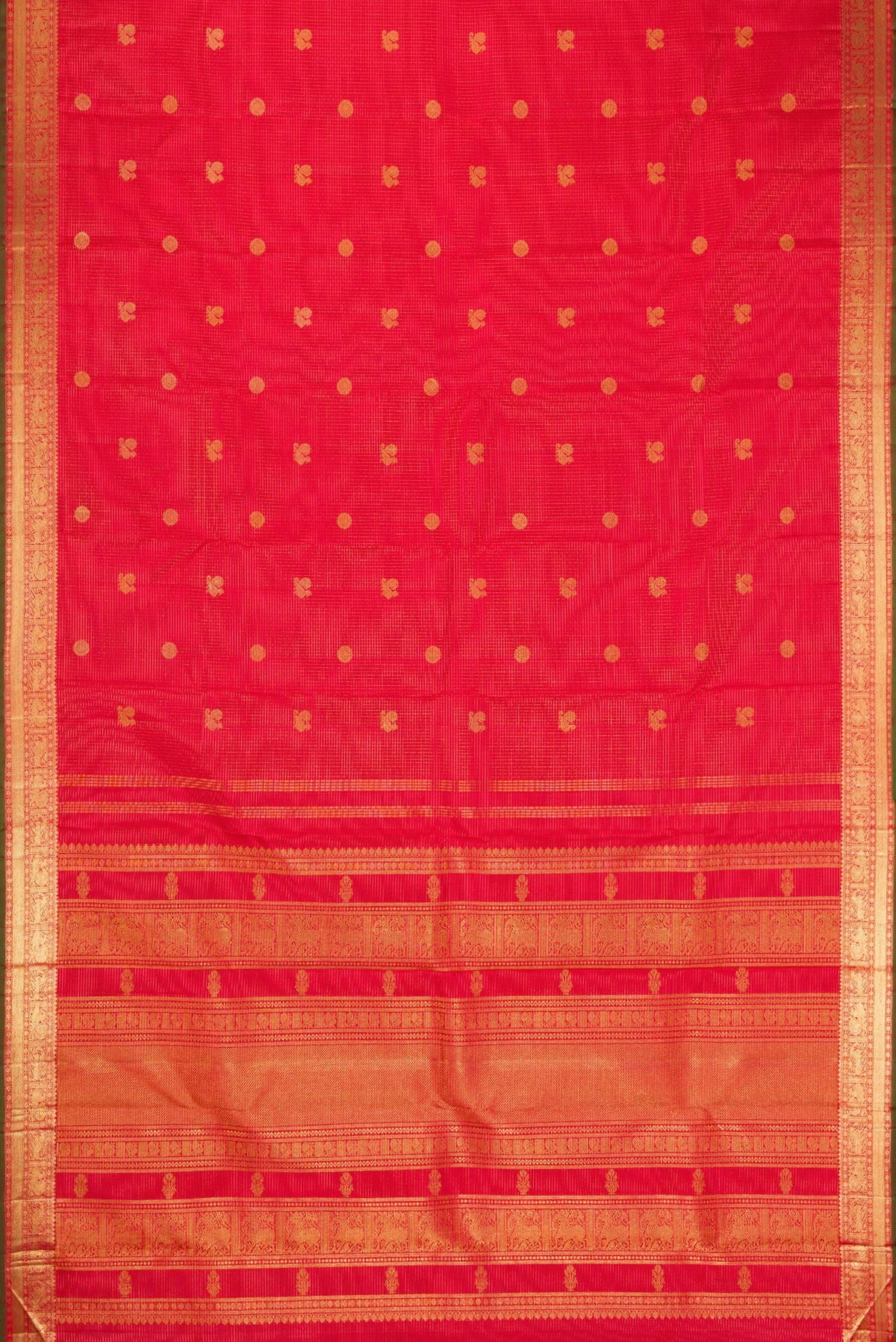 Flat view of Pure Silk Pure Zari Dark Pink Dual Tone Kanjivaram Saree with Checked design on the body and Zari Border. 