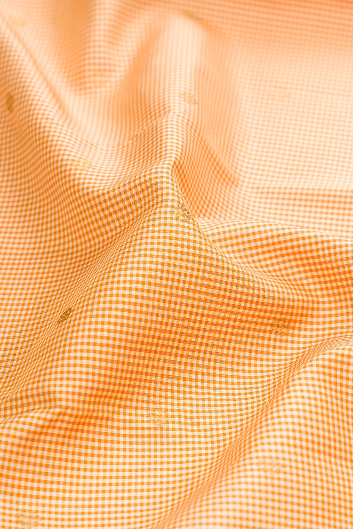 Close up of Pure Silk Pure Zari Sandal Kanchipuram Saree with Checked design on the body and Zari Border.  displaying folds