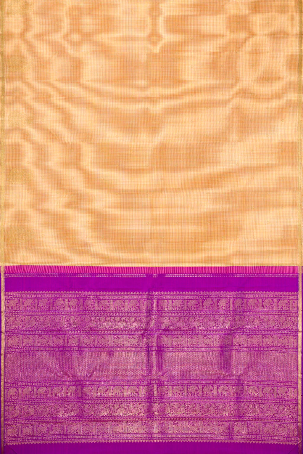 Flat view of Pure Silk Pure Zari Sandal Kanchipuram Saree with Checked design on the body and Zari Border. 