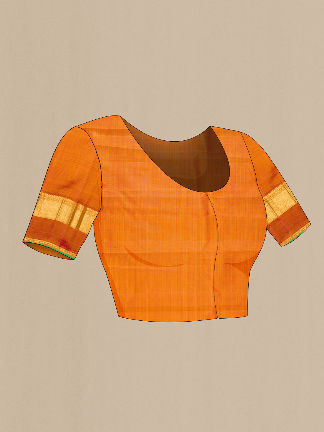 Close up image of the blouse of Pure Silk Pure Zari Mustard Dual Tone Kanjivaram Saree with Checked design on the body and Zari Border. 