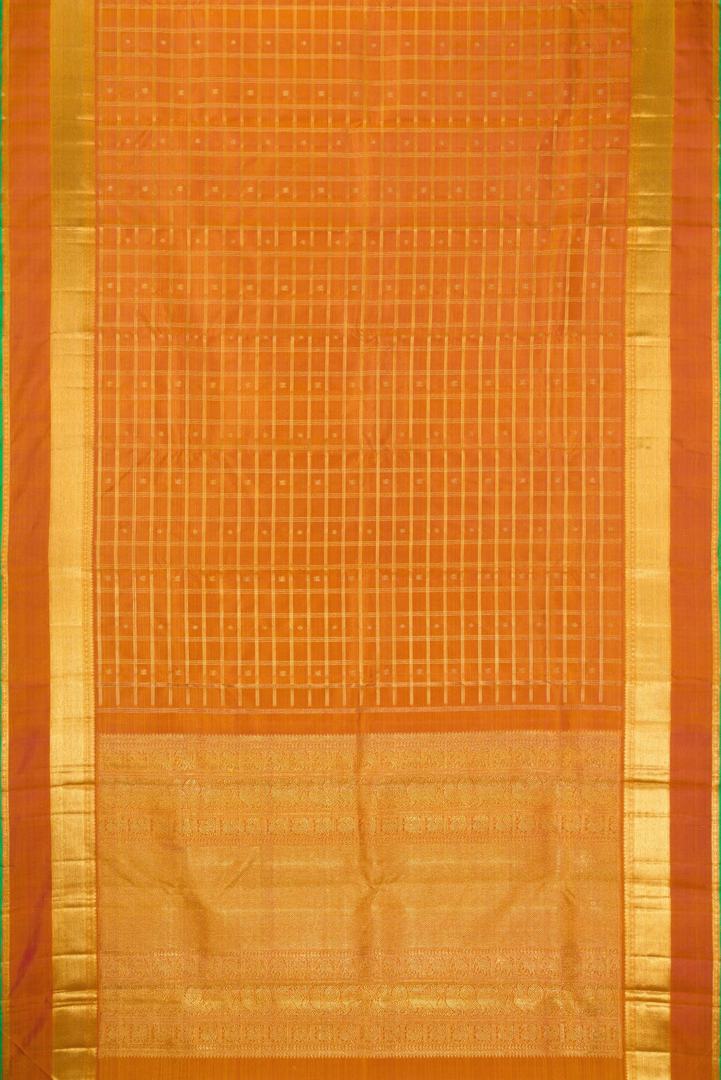 Flat view of Pure Silk Pure Zari Mustard Dual Tone Kanjivaram Saree with Checked design on the body and Zari Border. 