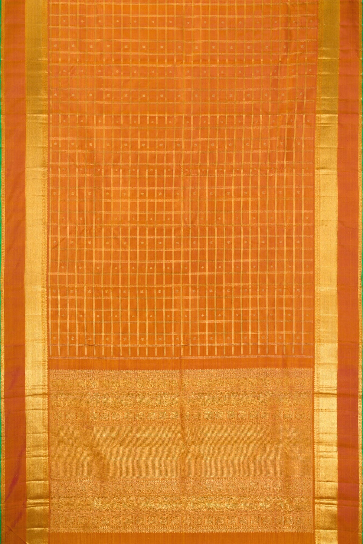 Flat view of Pure Silk Pure Zari Mustard Dual Tone Kanjivaram Saree with Checked design on the body and Zari Border. 