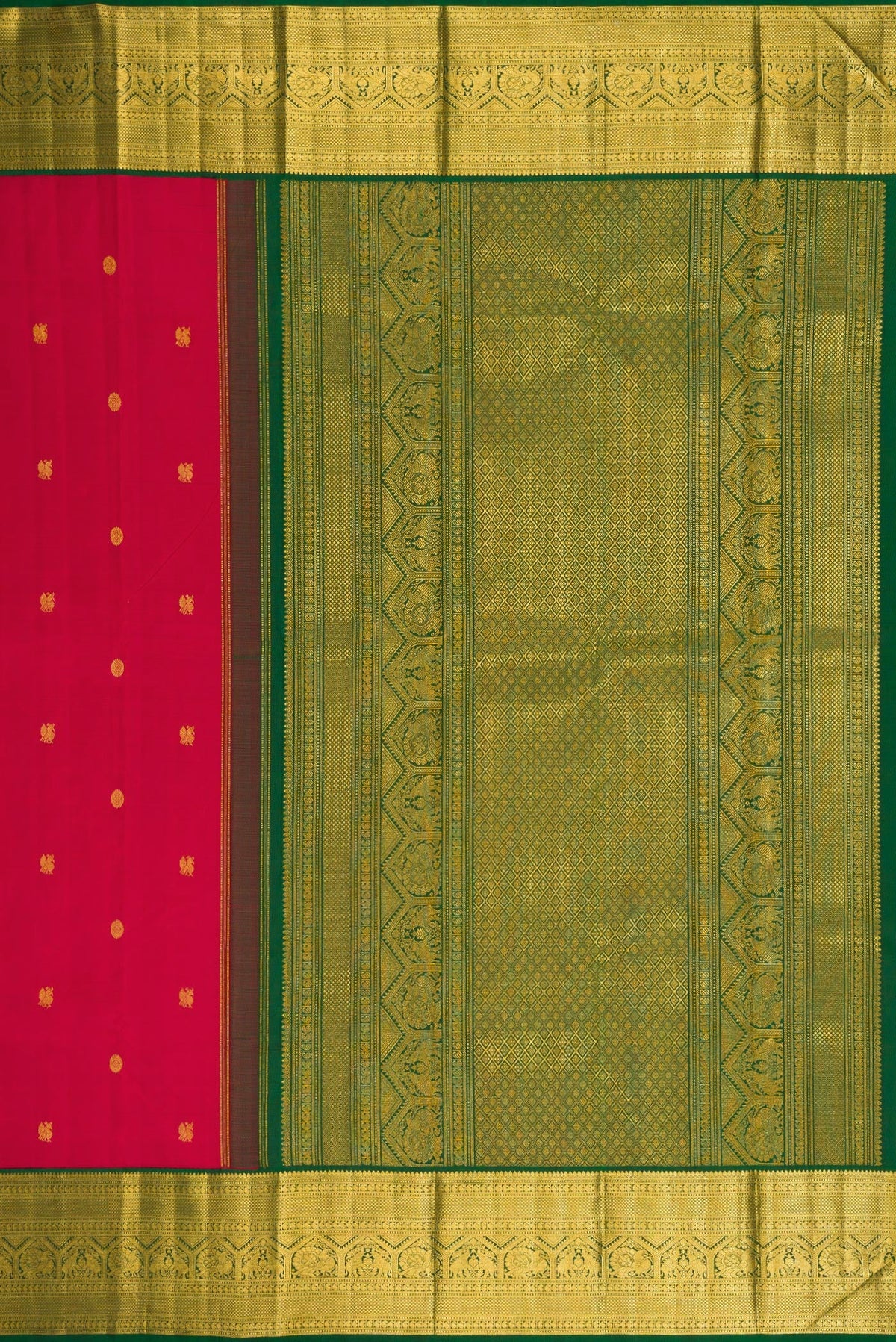 Close up image of the pallu of Red Kanchipuram Silk Saree with Zari Butta on the body and Zari Border. 