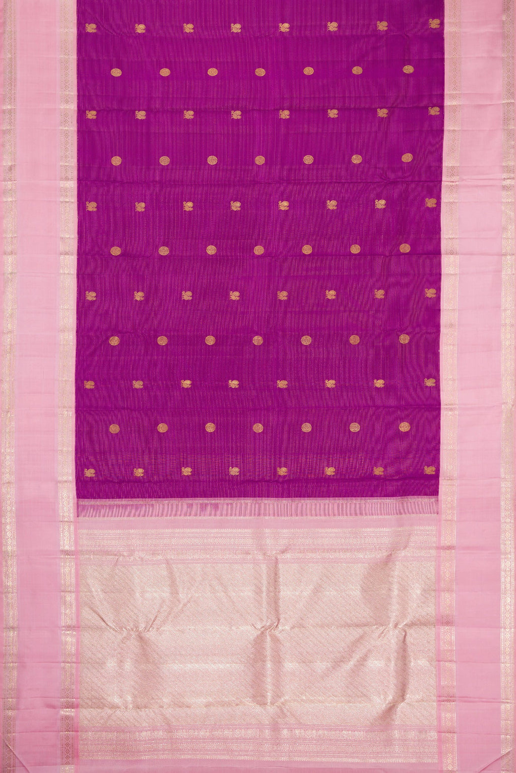 Flat view of Purple Dual Tone Kanchipuram Silk Saree with Zari Butta on the body and Zari Border. 