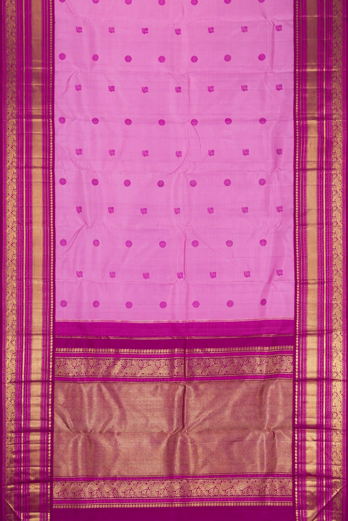 Flat view of Pure Silk Pure Zari Lavender Kanchipuram Saree with Thread Butta on the body and Zari Border. 