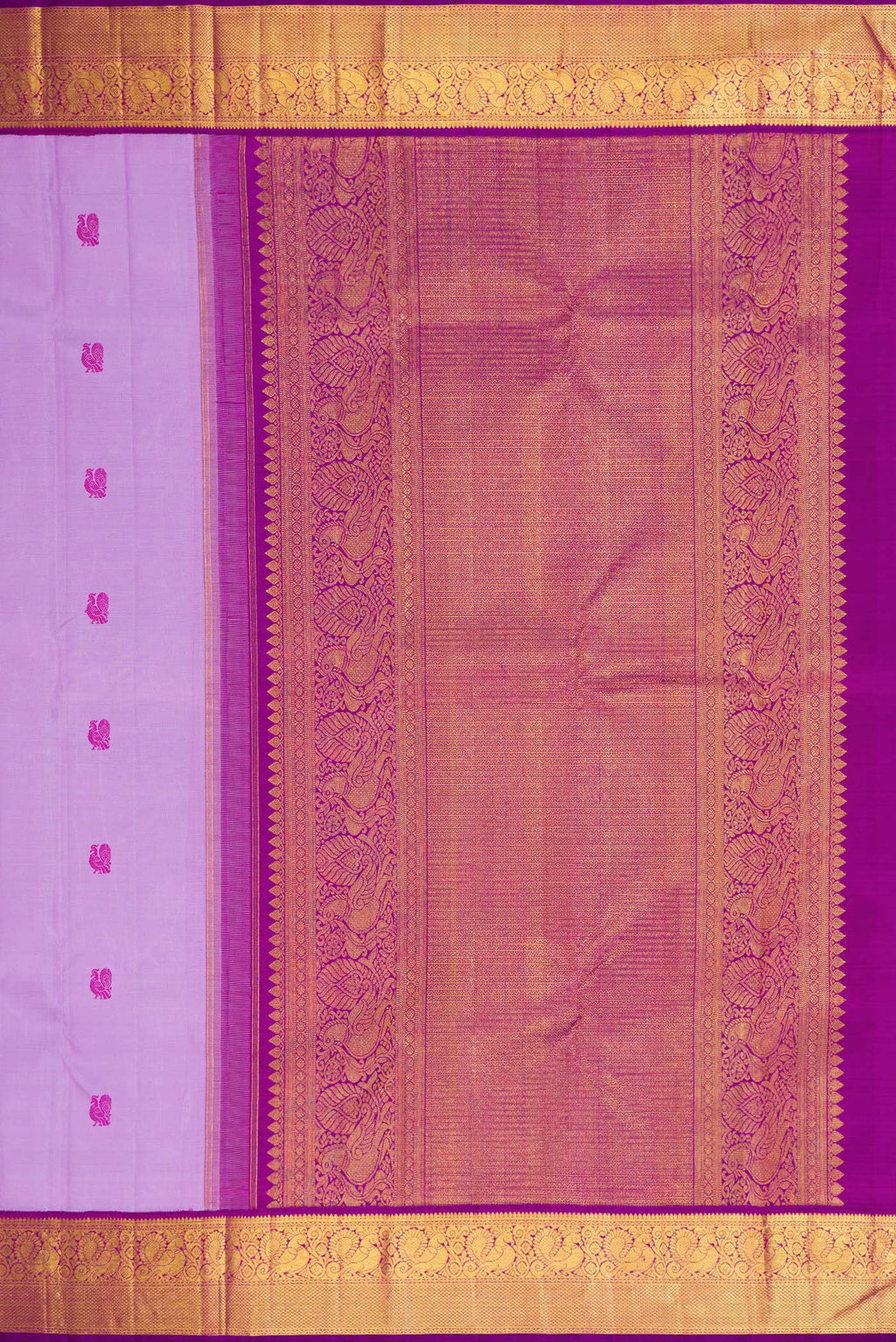 Close up image of the pallu of Lavender Dual Tone Kanjivaram Silk Saree with Thread Butta on the body and Zari Border. 