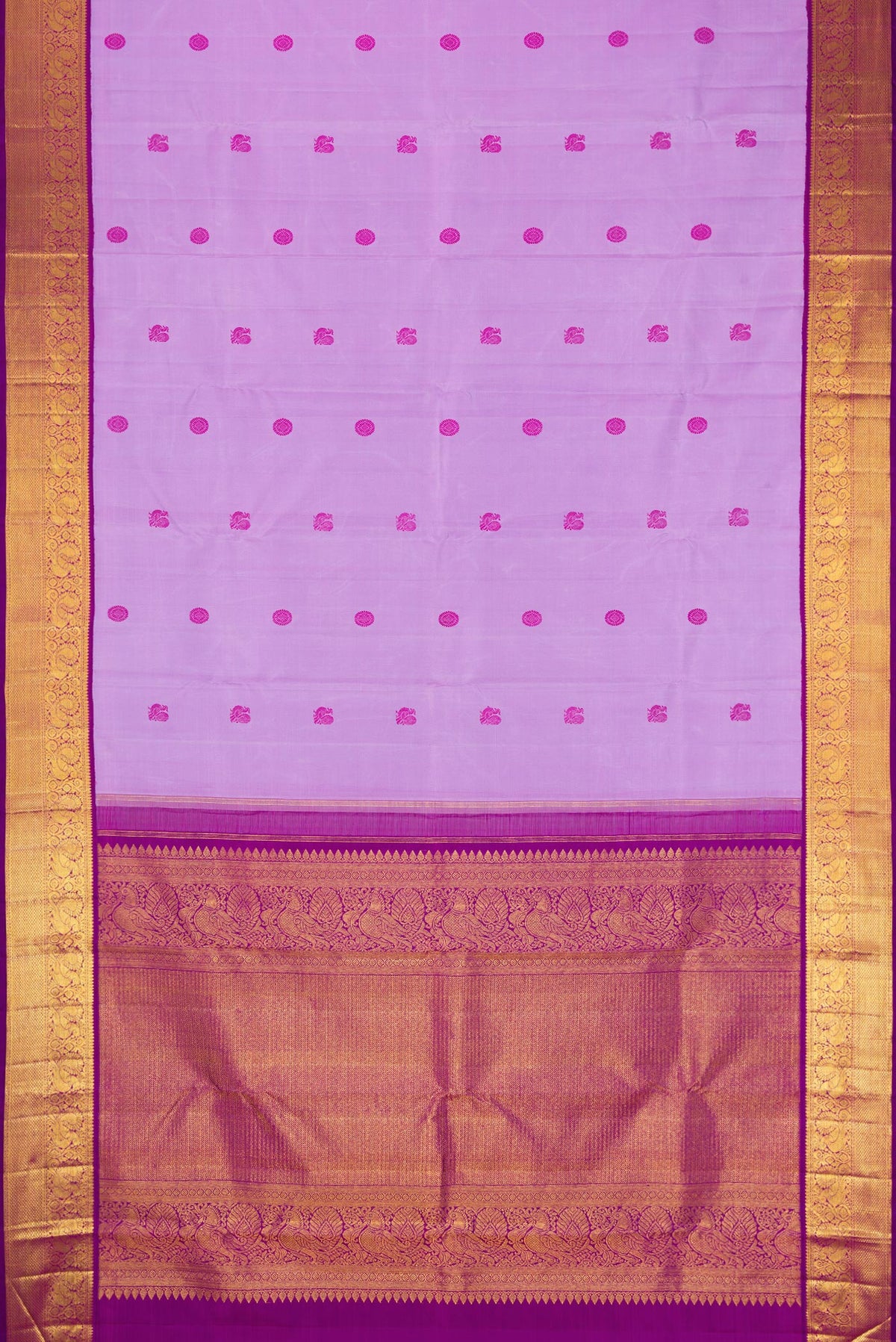 Flat view of Lavender Dual Tone Kanjivaram Silk Saree with Thread Butta on the body and Zari Border. 
