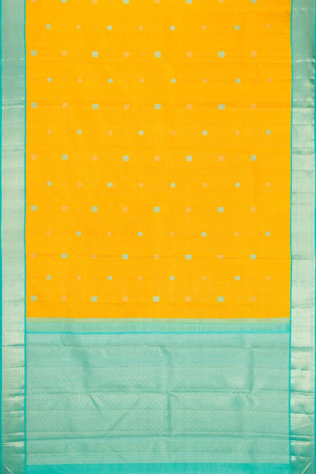 Flat view of Pure Silk Pure Zari Yellow Kanchipuram Saree with Thread Butta on the body and Zari Border. 