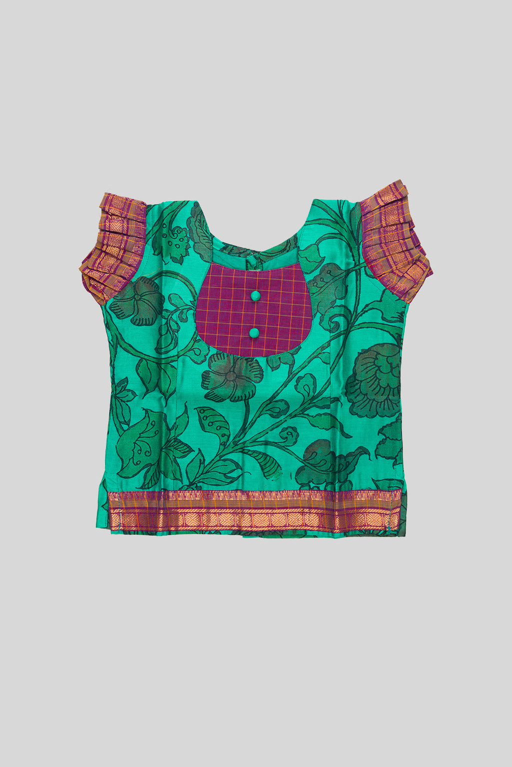Close up blouse image of Green Readymade Cotton Pavadai Set with Zari Butta on the body and Zari Border