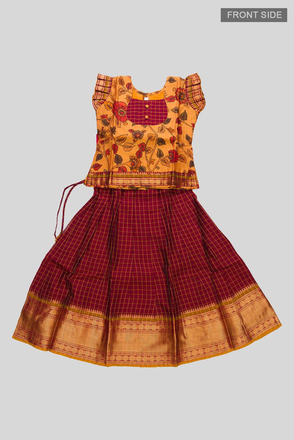Flat lay front image of Mustard Readymade Cotton Pavadai Set with Zari Butta on the body and Zari Border