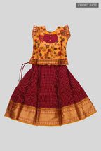 Flat lay front image of Mustard Readymade Cotton Pavadai Set with Zari Butta on the body and Zari Border