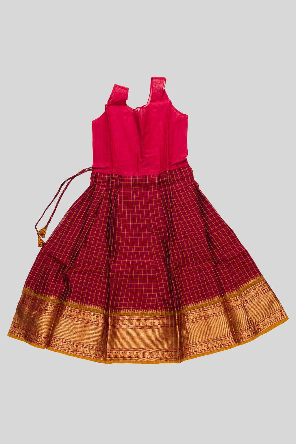 Skirt Image of Mustard Readymade Cotton Pavadai Set with Zari Butta on the body and Zari Border