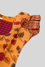 Close up sleeve details of Mustard Readymade Cotton Pavadai Set with Zari Butta on the body and Zari Border