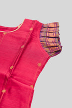 Close up sleeve details of Coral Readymade Cotton Pavadai Set with Zari Butta on the body and Zari Border