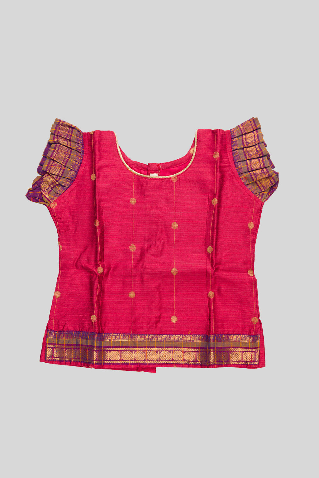 Close up blouse image of Coral Readymade Cotton Pavadai Set with Zari Butta on the body and Zari Border