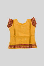 Close up blouse image of Mustard Readymade Cotton Pavadai Set with Zari Butta on the body and Zari Border