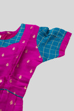 Close up sleeve details of Purple Readymade Cotton Pavadai Set with Zari Butta on the body and Zari Border