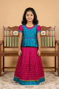 Peacock Blue Readymade Cotton Pavadai Set with Zari Butta on the body and Zari Border displayed on a mannequin