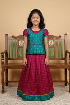 Maya Blue Readymade Cotton Pavadai Set with Zari Butta on the body and Zari Border displayed on a mannequin