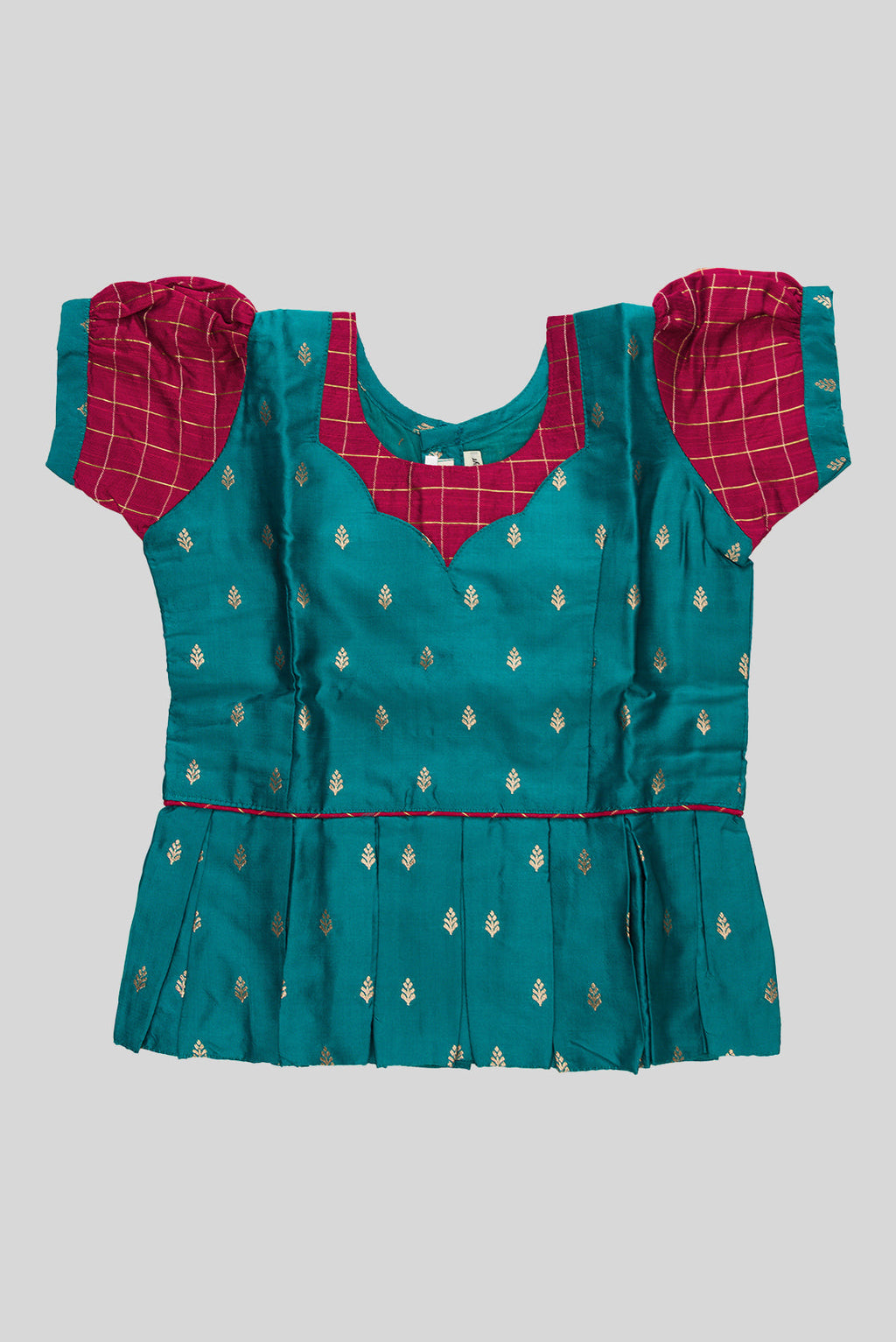 Close up blouse image of Maya Blue Readymade Cotton Pavadai Set with Zari Butta on the body and Zari Border