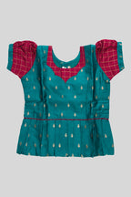 Close up blouse image of Maya Blue Readymade Cotton Pavadai Set with Zari Butta on the body and Zari Border