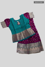 Flat lay back image of Green Readymade Cotton Pavadai Set with Zari Butta on the body and Zari Border