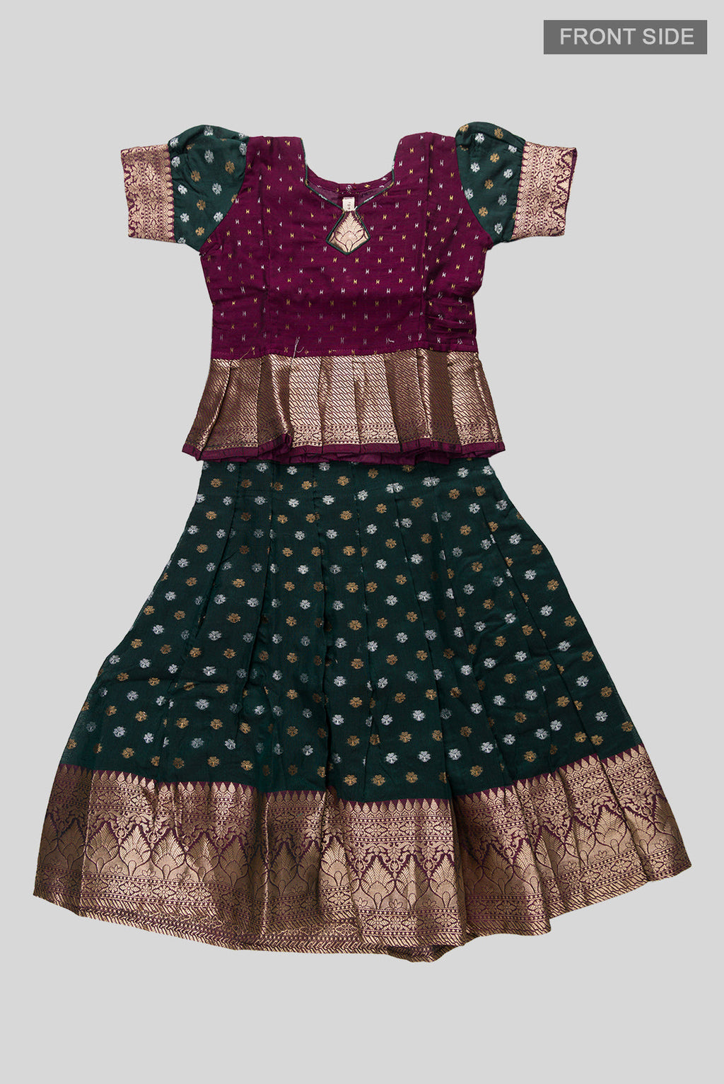 Flat lay front image of Magenta Readymade Cotton Pavadai Set with Zari Butta on the body and Zari Border