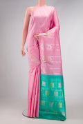Pure Silk Pure Zari Pink Dual Tone Kanjivaram Saree with Stripes on the body and Fancy Border.  displayed on a mannequin