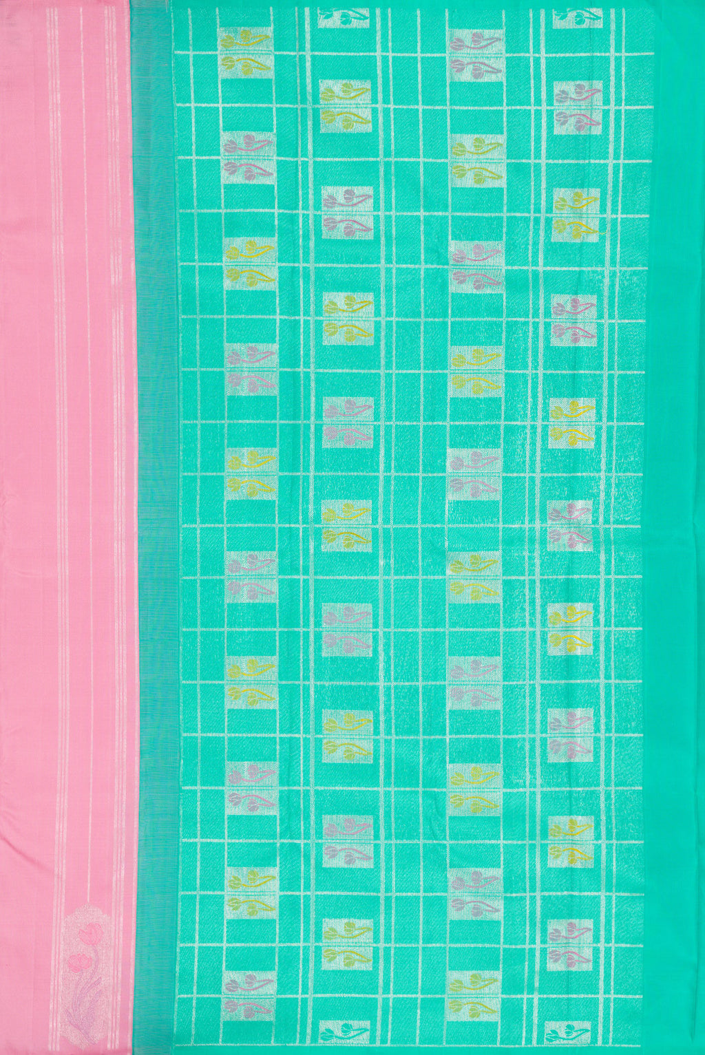 Close up image of the pallu of Pure Silk Pure Zari Pink Dual Tone Kanjivaram Saree with Stripes on the body and Fancy Border. 