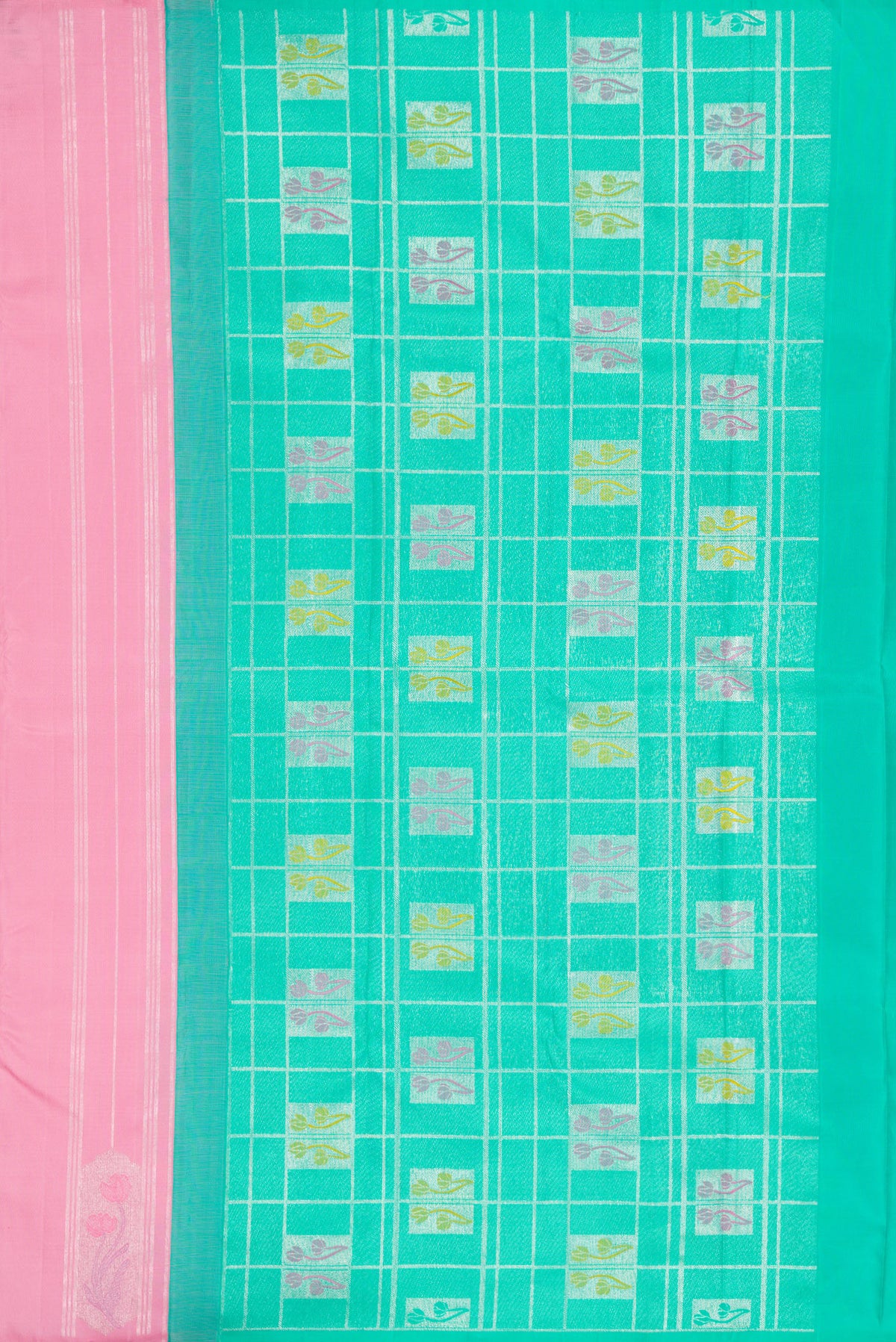 Close up image of the pallu of Pure Silk Pure Zari Pink Dual Tone Kanjivaram Saree with Stripes on the body and Fancy Border. 