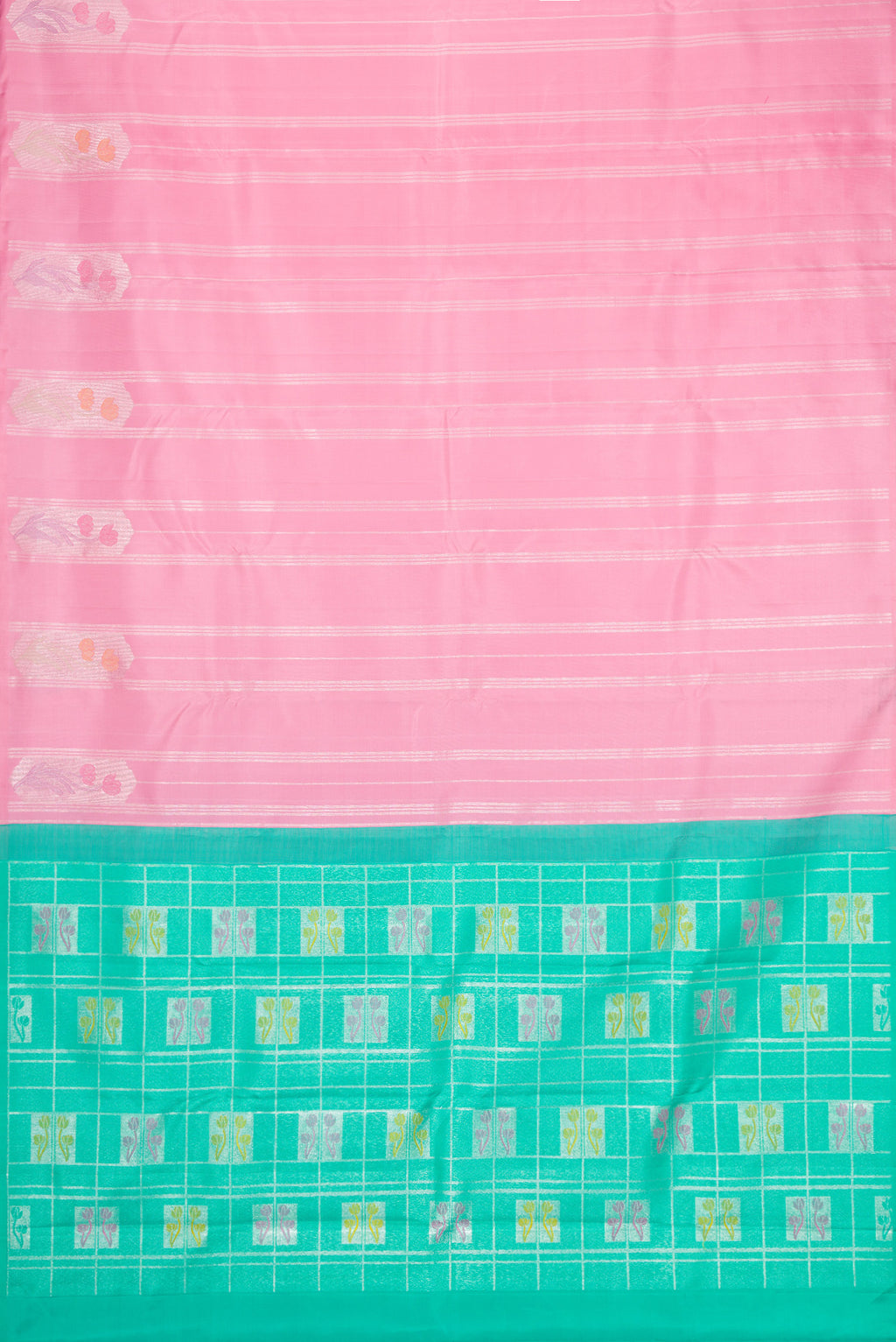 Flat view of Pure Silk Pure Zari Pink Dual Tone Kanjivaram Saree with Stripes on the body and Fancy Border. 