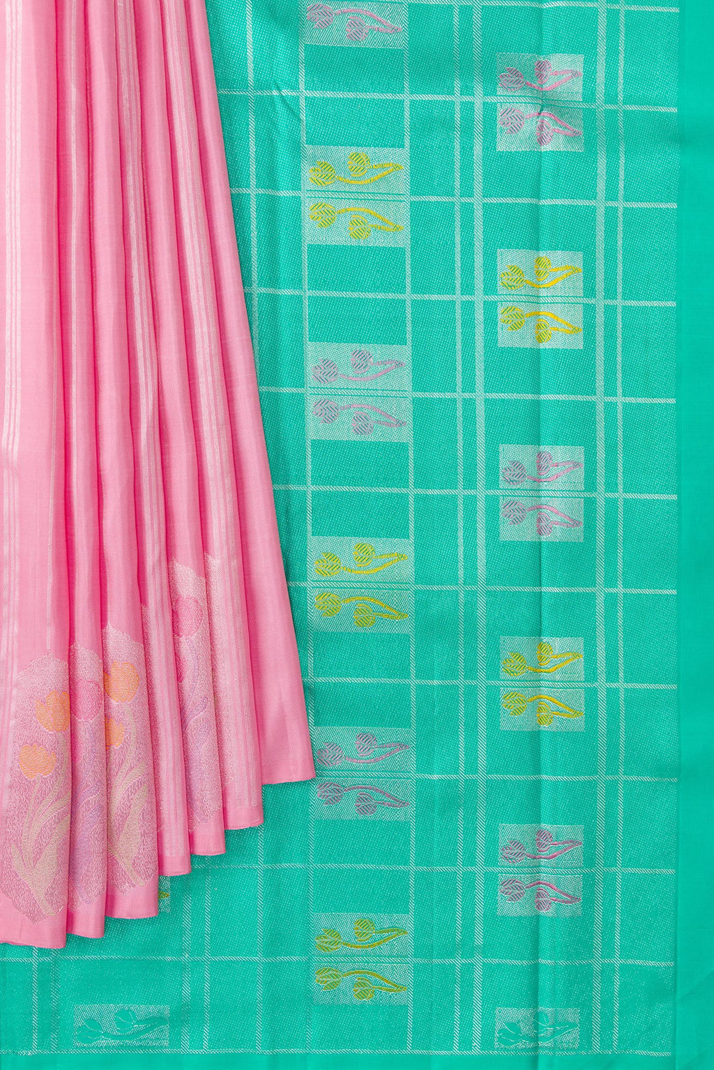 Pleats and pallu of Pure Silk Pure Zari Pink Dual Tone Kanjivaram Saree with Stripes on the body and Fancy Border. 