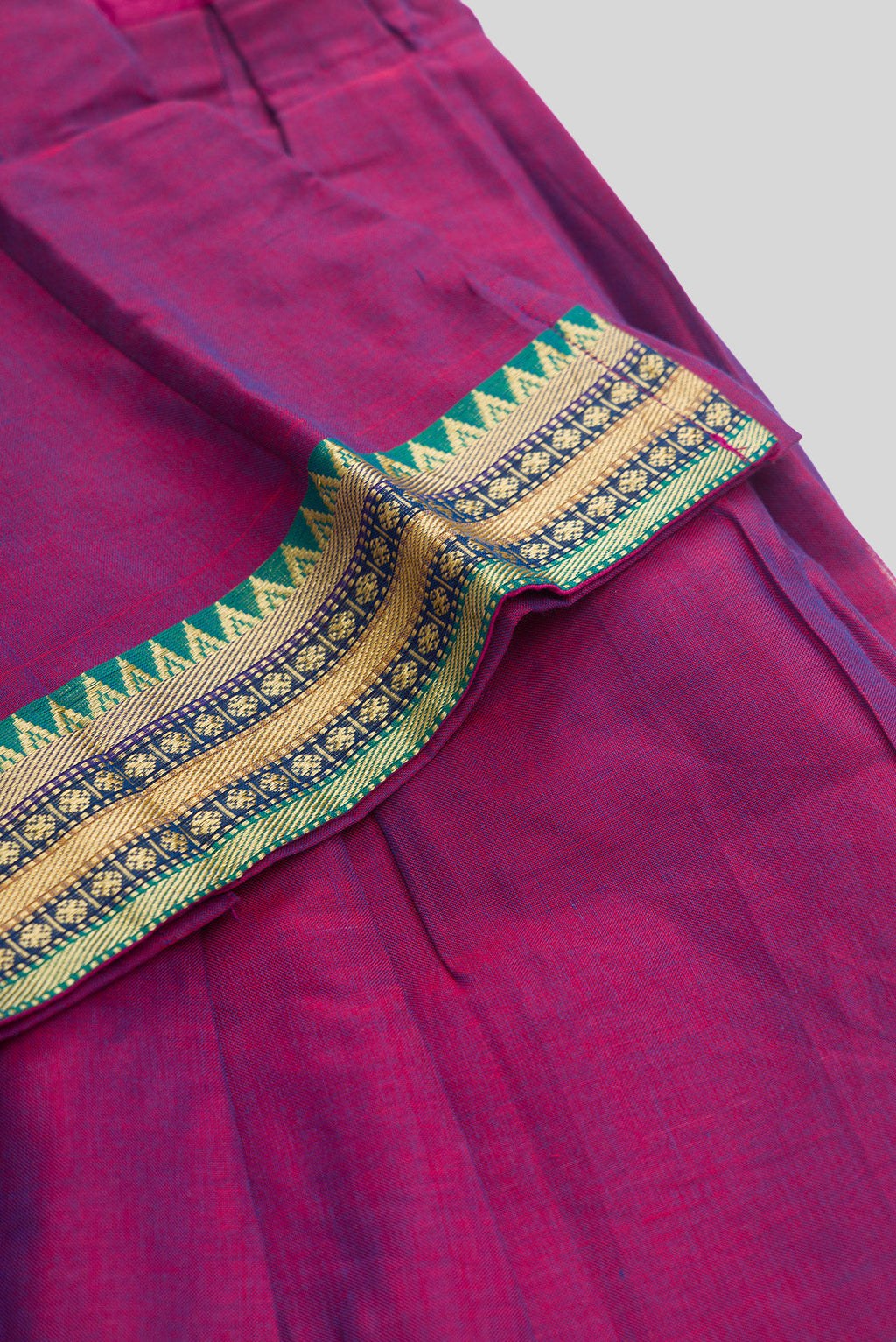 Detailed shot of Purple Readymade Cotton Pavadai Set with  on the body and Zari Border