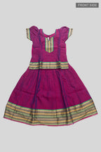 Flat lay front image of Purple Readymade Cotton Pavadai Set with  on the body and Zari Border
