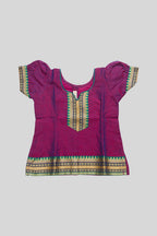 Close up blouse image of Purple Readymade Cotton Pavadai Set with  on the body and Zari Border