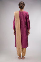 Purple Pure Silk Womens Kurta set featuring Zari Butta Kurta paired with Gold Plain Body bottom and a Zari Butta dupatta in Gold back image displayed on an AI model